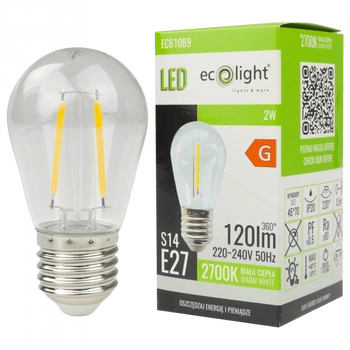 LED žárovka Edison S14 E27 2W 120lm 2700K Warm FILAMENT Ecolight