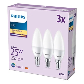 Sada 3x LED žárovka E14 B35 2,8W = 25W 250lm 2700K Warm Matte PHILIPS