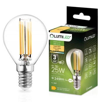 LED žárovka E14 P40 2W = 25W 249lm 3000K Warm 360° Filament LUMILED