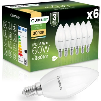 6x LED žárovka E14 svíčka B35 8W = 60W 880lm 3000K teplá bílá 180° LUMILED