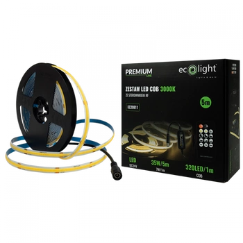 LED pásek COB 7W/m 630lm/m 320LED/m 24V 3000K Warm IP20 Roll 5m + napájecí zdroj + dálkové ovládání Ecolight