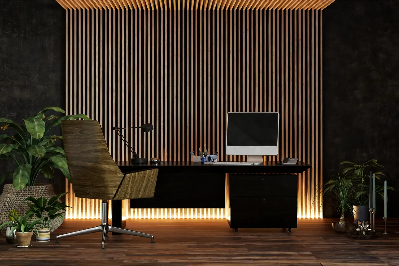 Útulné dekorativní osvětlení v kanceláři – příklad aranžmá se světlem LED