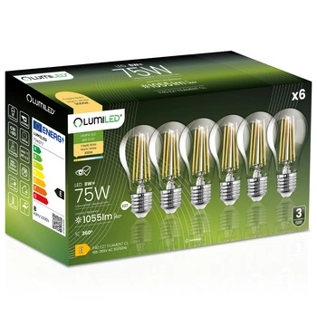 6x Žárovka LED E27, A60 8W = 75W 1055lm 3000K Teplá bílá 360° Filament LUMILED