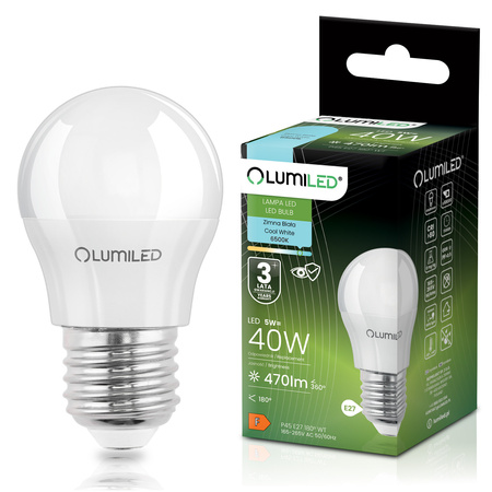 Žárovka LED E27, P40 5W = 40W 470lm 6500K Studená bílá 180° LUMILED