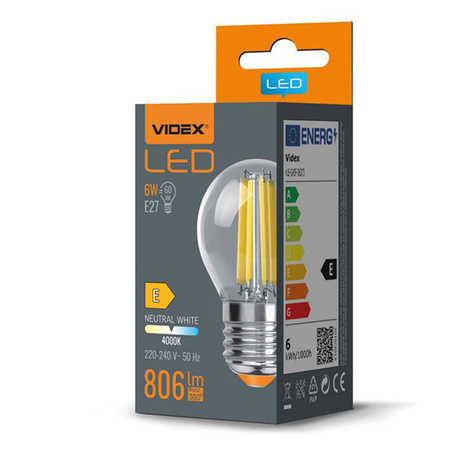 LED žárovka E27 G45 kapka 6W = 60W 806lm 4000K neutrální bílá 360° FILAMENT Videx
