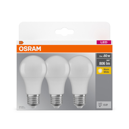 3x LED žárovka A60 E27 8W = 60W 806lm 2700K Warm 150° BASE Osram
