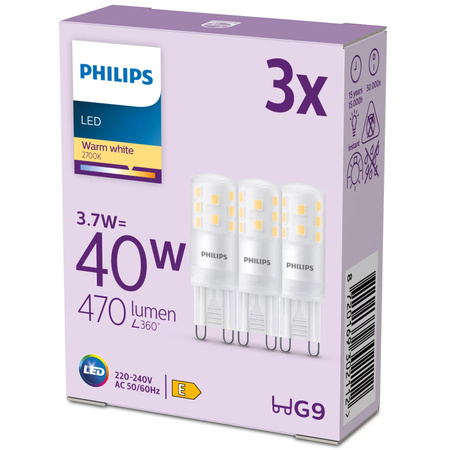 3x LED žárovka s paticí G9 3,7W = 40W 470lm 2700K teplá bílá PHILIPS
