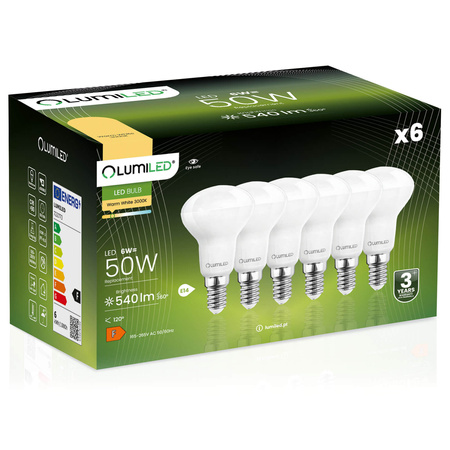 6x LED žárovka R50 E14 6W = 50W 540lm 3000K Teplá bílá 120° LUMILED