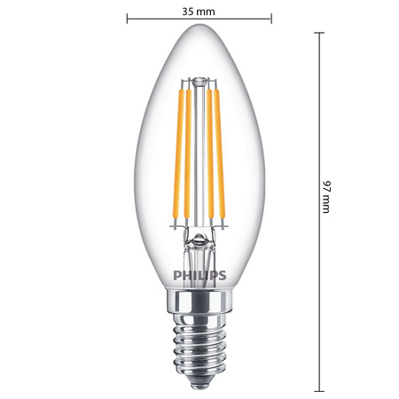 LED žárovka na svíčku E14 B35 6.5W = 60W 806lm 2700K Teplá bílá vlákno PHILIPS