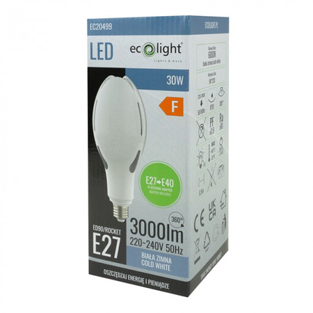 LED žárovka E27 30W 3000lm 6000K Cold Rocket + adaptér E40 Ecolight