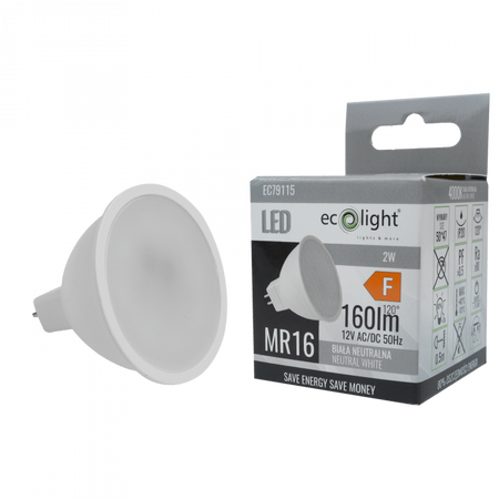 LED reflektorová žárovka MR16 GU5.3 2W 160lm 4000K neutrální bílá 12V Ecolight