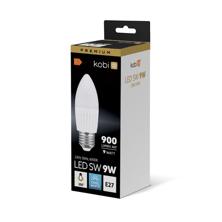 LED žárovka E27 Candle 9W 900lm 6000K Cold 200° Premium Kobi