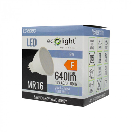 LED reflektorová žárovka MR16 GU5.3 8W 640lm 6500K studená bílá 12V Ecolight