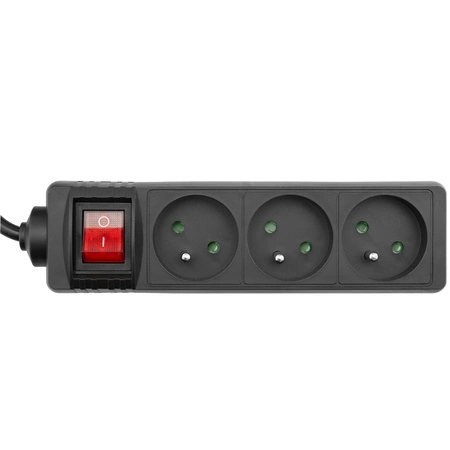 Zástrčka prodlužovacího napájecího kabelu - 3x zásuvka s uzemněním a vypínačem Napájecí proužek 1.5m 3x1mm 13A černá