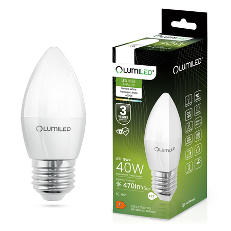 Žárovka LED E27, B35 5W = 40W 470lm 4000K Neutrální bílá 180° LUMILED