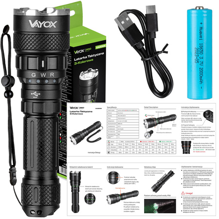 Taktická ruční svítilna Výkonná tříbarevná svítilna SST40 1500lm řady Pro VA0099 Vayox