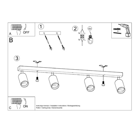 Stropní svítidlo BERG 4xGU10 Reflektor Halogenové svítidlo Pohyblivé 80cm Přírodní dřevo SOLLUX