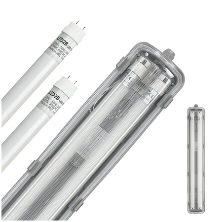 Průmyslová hermetická sada svítidel 2x60cm + LED zářivka T8 9W 4000K Neutral IP65 Kobi