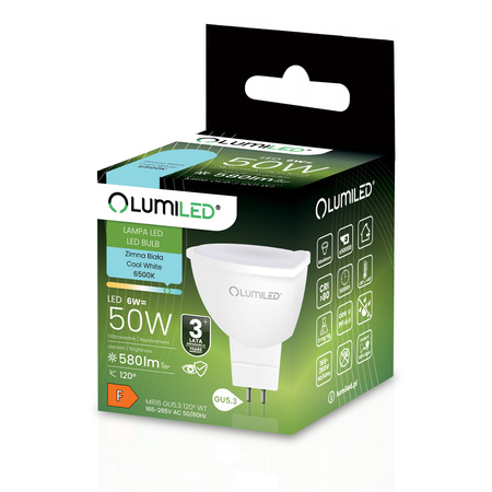 Žárovka LED GU5.3, MR16 6W = 50W 580lm 6500K Studená bílá 120° 230V LUMILED