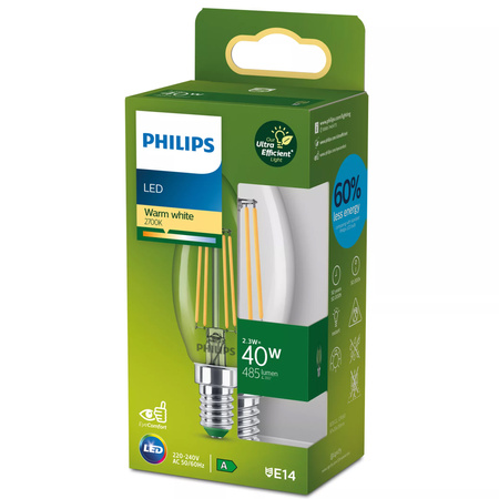 LED žárovka E14 Candle B35 2,3W = 40W 485lm 210lm/W 2700K Warm 300° CLASS A UltraEfficient Philips