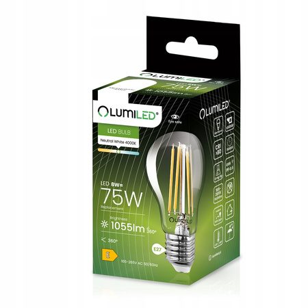 Žárovka LED E27, A60 8W = 75W 1055lm 4000K Neutrální bílá 360° Filament LUMILED