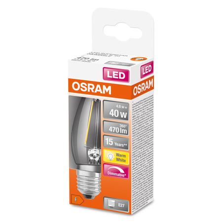 LED žárovka E27 B35 CL 4.8W = 40W 470lm 2700K Teplá bílá 300° OSRAM SUPERSTAR vlákno Stmívatelné