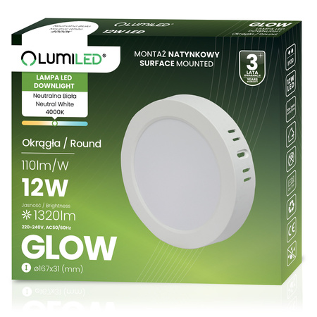 Stropní svítidlo LED pro povrchovou montáž 12W Round 4000K GLOW White LUMILED