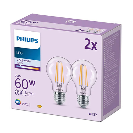 2x LED žárovka E27 A60 7W = 60W 850lm 4000K neutrální bílá vlákno PHILIPS