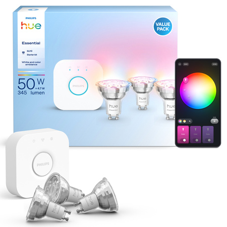 3x LED GU10 Reflector PAR16 4,7W = 50W 345lm 2200-6500K CCT + RGB SMART Smart Bluetooth ZigBee White and Color Ambiance + Bridge Bridge Philips HUE Starter Kit