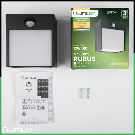 Zahradní nástěnná lampa LED Venkovní nástěnná lampa PIR IP54 12W 3000K RUBUS LUMILED