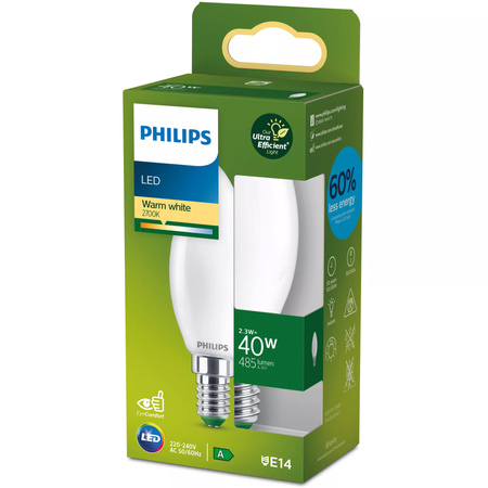 LED žárovka E14 Candle B35 2,3W = 40W 485lm 210lm/W 2700K Warm 300° CLASS A UltraEfficient Philips