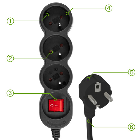 Síťový prodlužovací kabel Uzemněný napájecí pásek 3 zásuvky 1,5 m Vypínač Černý kabel Lendo Lumiled