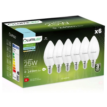 6x Žárovka LED Svíčka B35, E14 2.5W = 25W 249lm 6500K Studená bílá 180° LUMILED