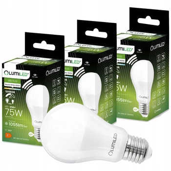 3x Žárovka LED E27, A60 10W = 75W 1055lm 4000K Neutrální bílá 200° se Snímačem Pohybu a Soumraku LUMILED