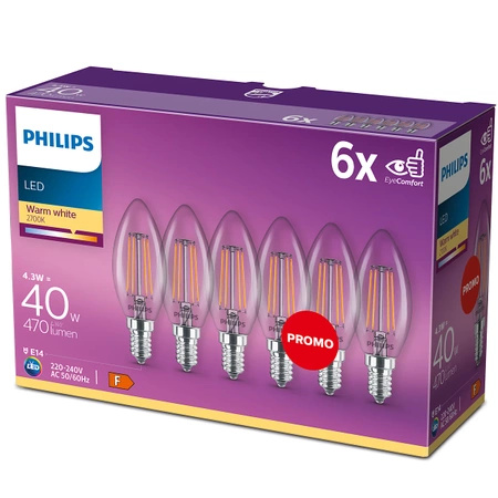 Sada 6x LED svíčková žárovka E14 B35 4,3W = 40W 470lm 2700K Teplé vlákno PHILIPS