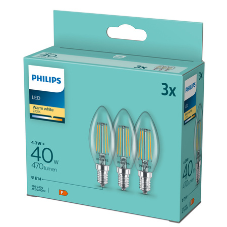 3x LED žárovka E14 Candle B35 4,3W = 40W 470lm 2700K Warm FILAMENT Philips