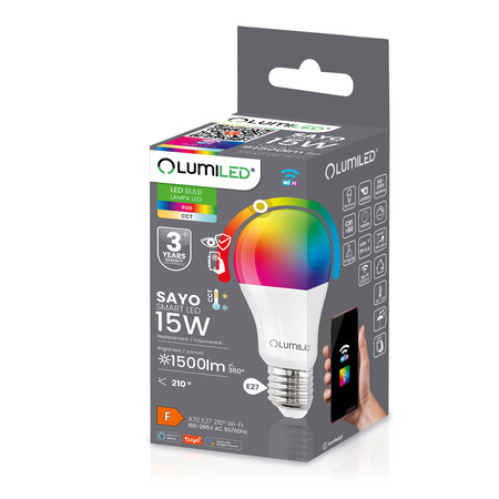 Žárovka LED E27, A70 15W = 100W 1500lm RGB CCT Stmívatelná Inteligentní TUYA WiFi SMART SAYO LUMILED