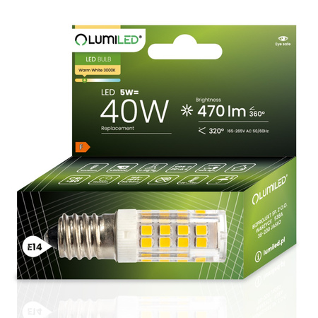 Žárovka LED E14, T25 5W = 40W 470lm 3000K Teplá bílá 320° LUMILED