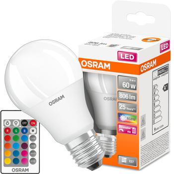 LED žárovka E27 A60 9W = 60W 806lm RGBW 180° OSRAM Star + PILOT