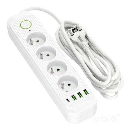 Prodlužovací kabel CONNECTO 4x230V 3m 4GN Zemní jistič 4xUSB Bílá Kobi
