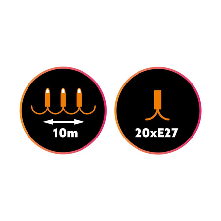 Venkovní zahradní girlanda světelný řetěz 10m 20xE27 LED 1.3W Kobi