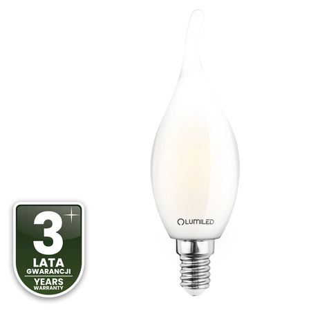 Žárovka LED Plamínek BA35, E14 7W = 60W 806lm 3000K Teplá bílá 360° Filament Mléčná LUMILED