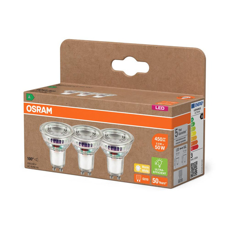 3x LED PAR16 Reflektor GU10 2,5W = 50W 450lm 2700K Teplá 100° 180lm/W ENERGETICKÁ ÚSPORNOST Osram