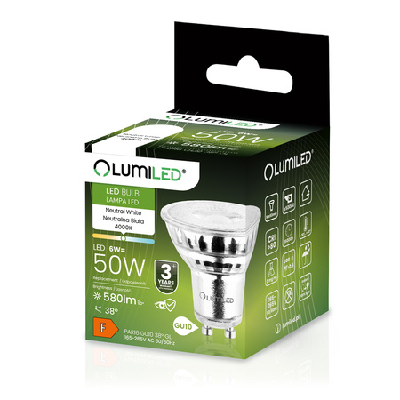 Žárovka LED GU10, 6W = 50W 580lm 4000K Neutralní bílá 38° Skleněná LUMILED