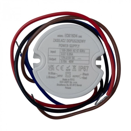 Vstupní napájecí zdroj FI60 pro LED pásky 45W 12V 3,75A Hermetický IP67 Ecolight