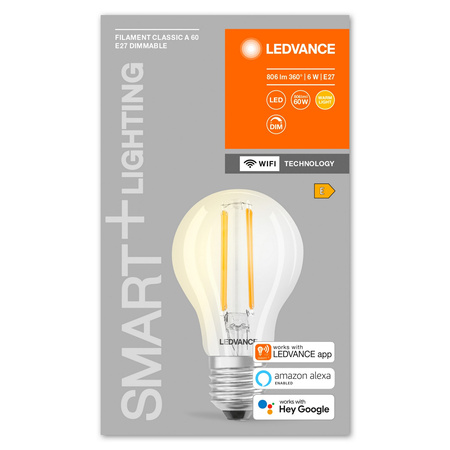 LED žárovka E27 A60 6W 806lm 2700K Teplá bílá SMART+ WiFi Filament Stmívatelné Classic LEDVANCE