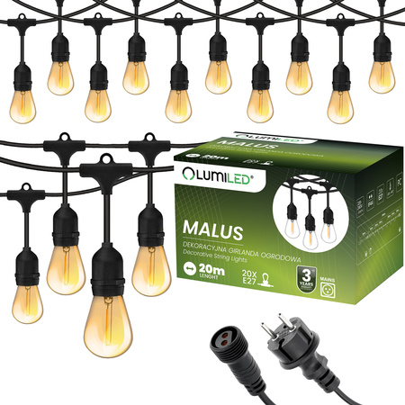 Venkovní řetěz 20m, 20x E27 + Žárovky LED 1.3W 2200K MALUS LUMILED
