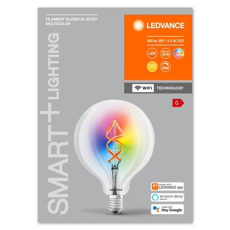 LED žárovka E27 G125 4.5W = 30W 2700K Teplá bílá RGB 300lm 300° LEDVANCE SMART+ WIFI vlákno Stmívatelné