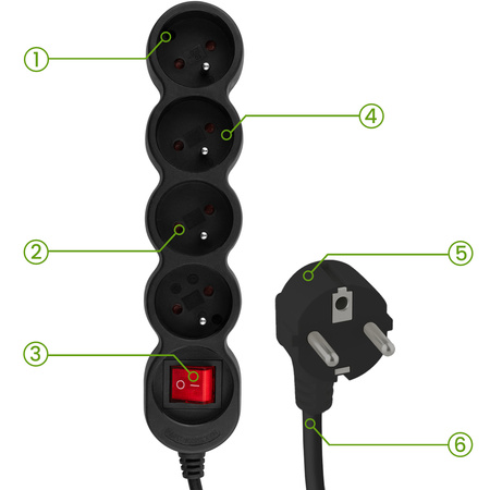 Síťový prodlužovací kabel s uzemněním 4 zásuvky 3m vypínač černý Lendo Lumiled Cord