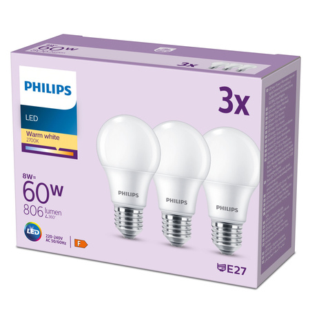 Sada 3x LED žárovky E27 A60 8W = 60W 806lm 2700K Teplá 150° PHILIPS